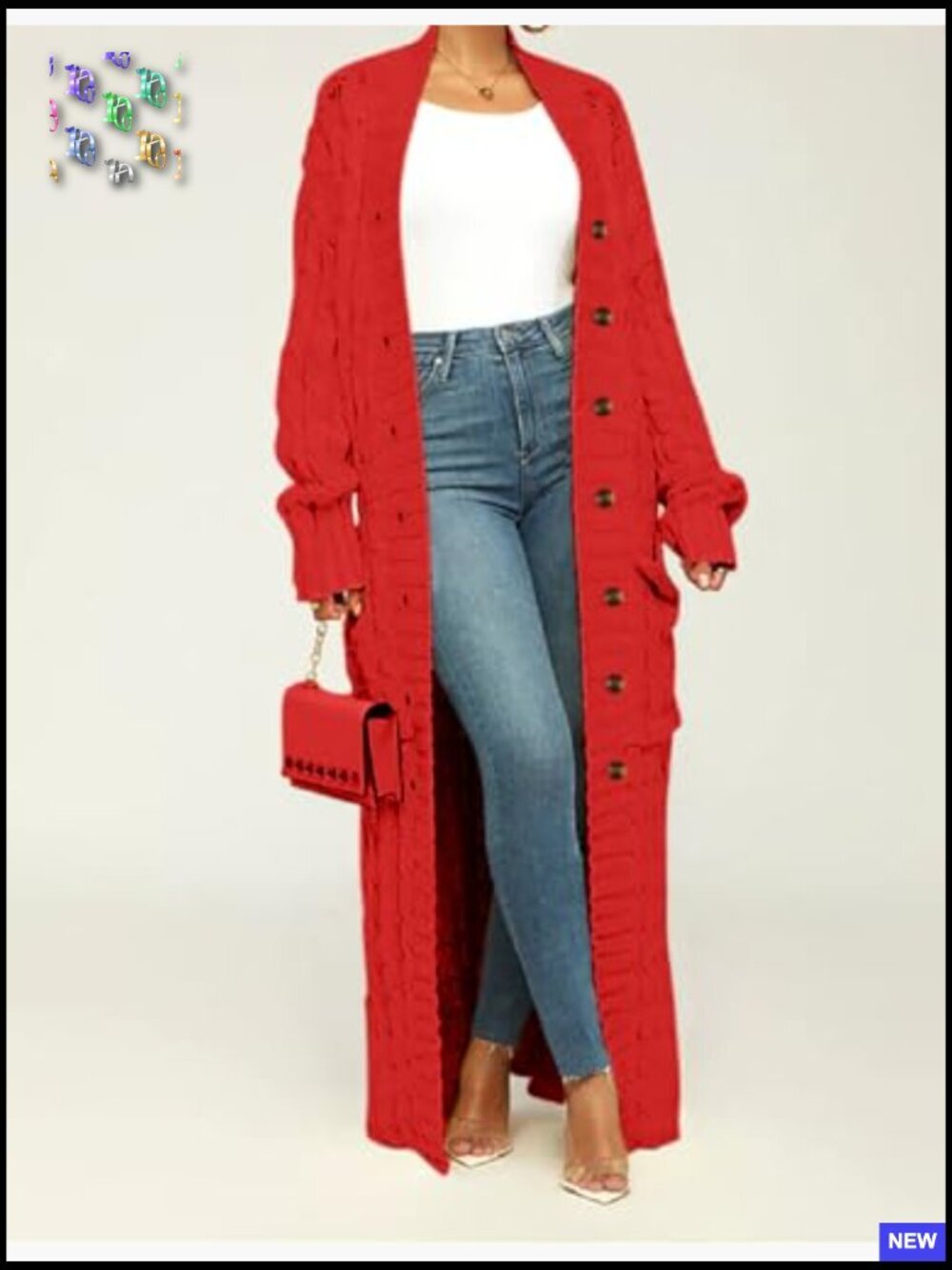Chunky Cable Knit Maxi Cardigan with Pockets Loose Fit V-Neck Pullover - Picture 4 of 7